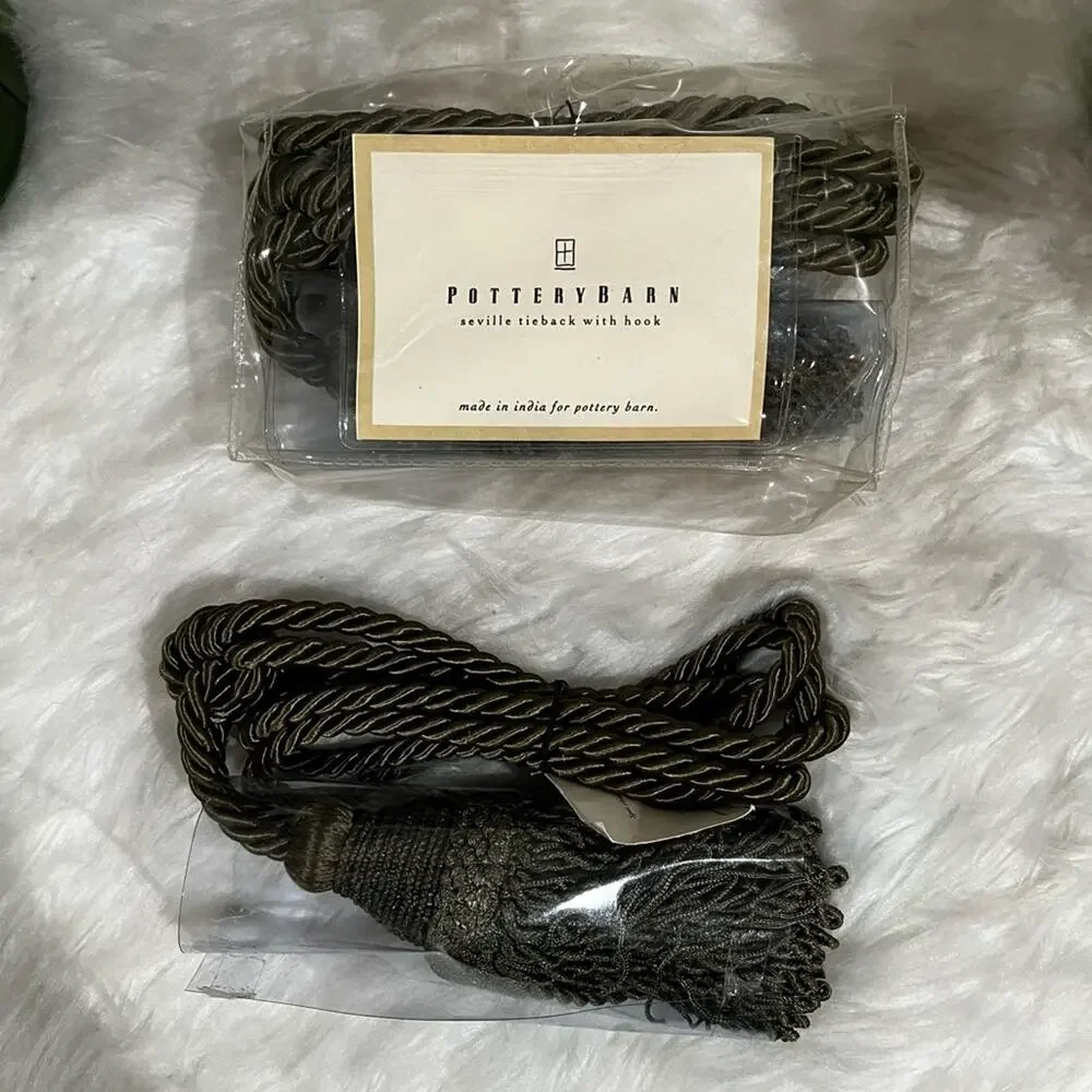NEW Pottery Barn Seville Set 2 Tassel Drapery Tie Back + Hook Lichen Green NWT